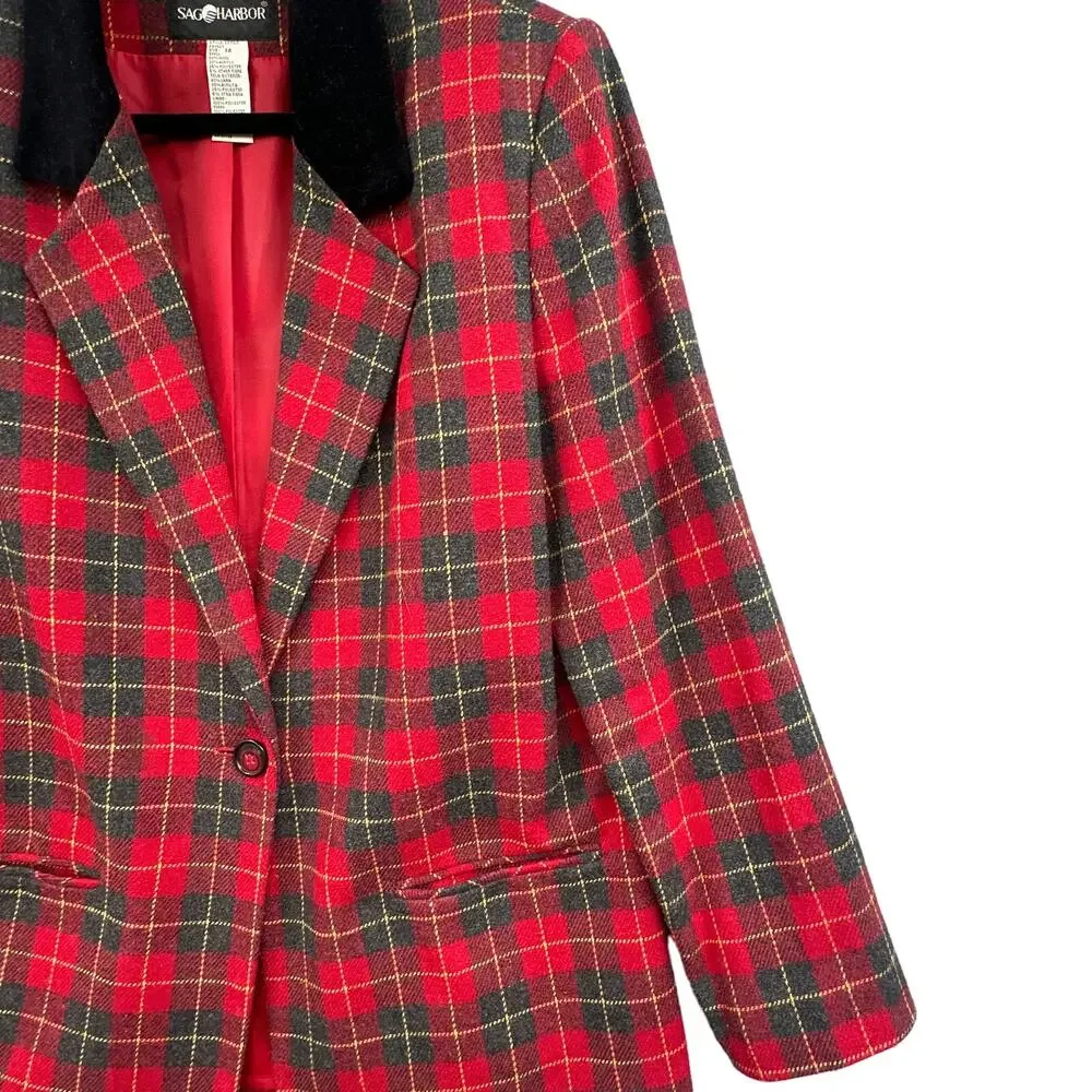 VTG Sag Harbor Blazer 14 Red Plaid Academia Christmas Career Old Money Wool 90s